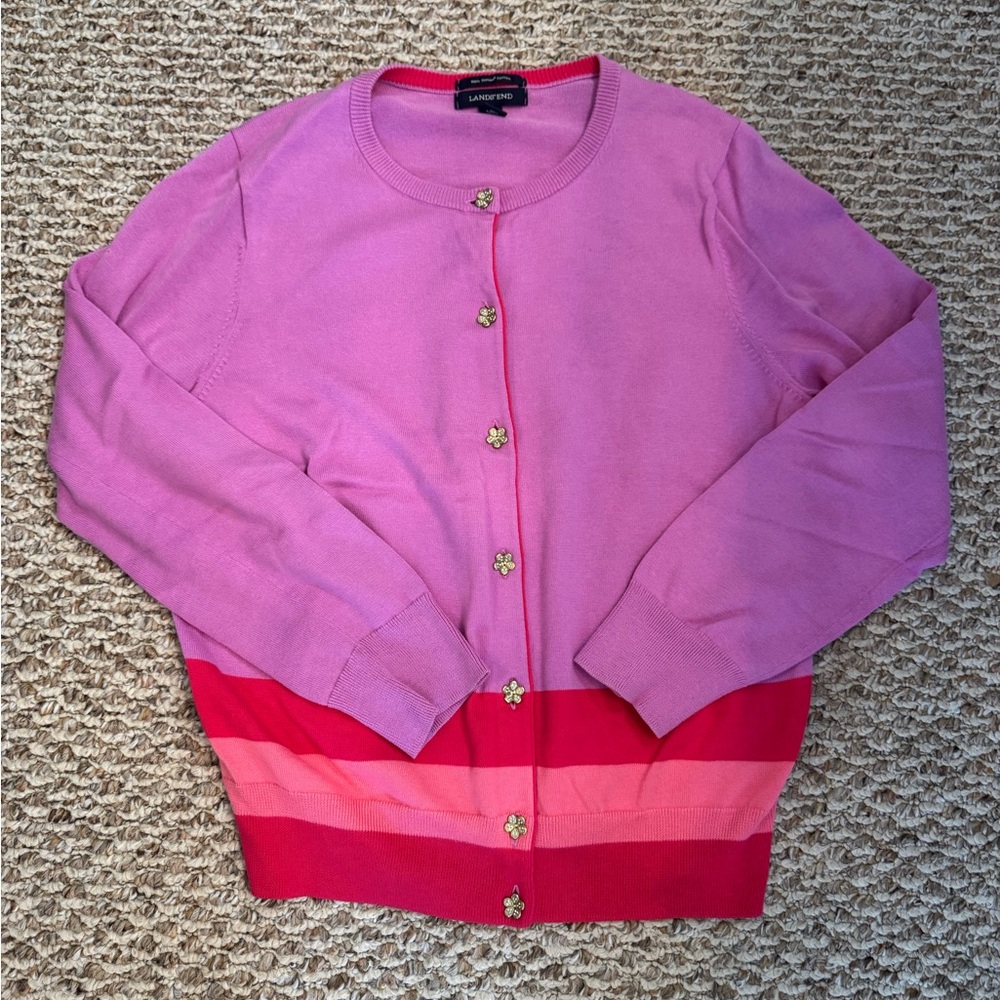 Lands' End | 100% Supima Cotton | Pink Cardigan with Gold Floral Button | Size M